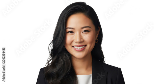 Smiling young asian woman in a professional black blazer isolated on transparent background