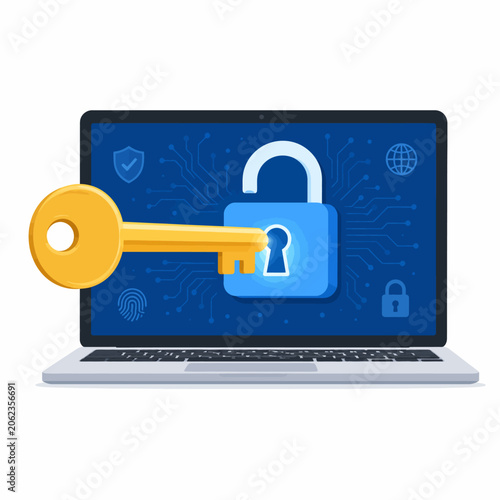 Digital Security Concept Golden Key and Padlock Securing Laptop for Online Data Protection, Privacy, and Safe Access to Information