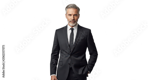 Confident mature businessman in a black formal suit isolated on transparent background