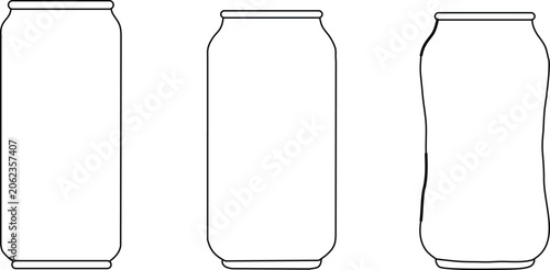 Black line drawing of three soda cans isolated on white background, beverage container illustration set