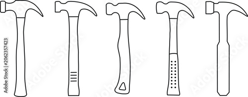 Black line drawing of five hammers with different handle designs isolated on white background, hand tool illustration set