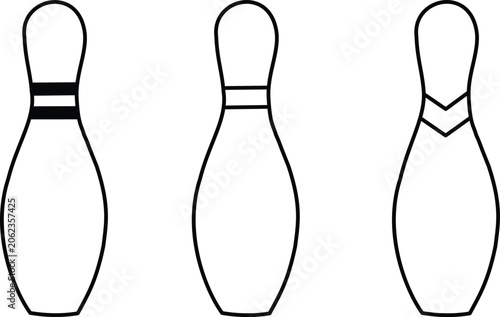Vector illustration of three bowling pins with different designs isolated on white background, bowling pin set