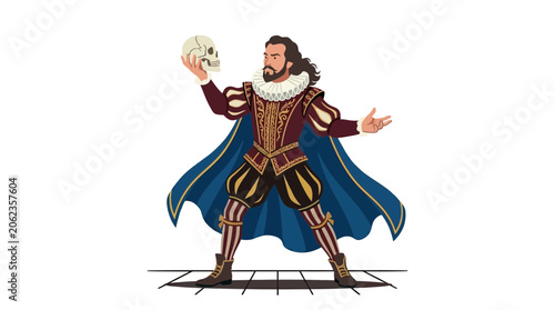 Obraz na plátně Man dressed as Shakespeare holding a skull, contemplating mortality