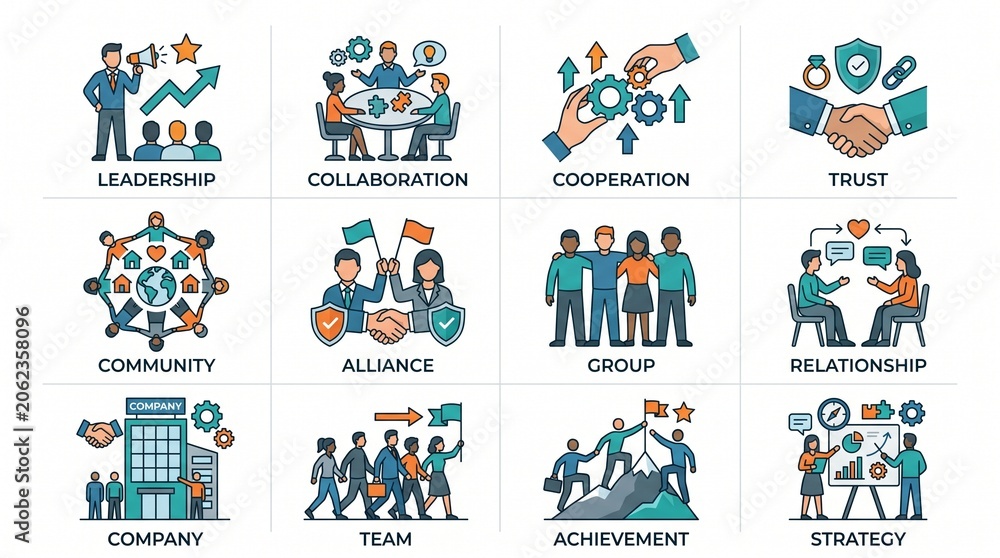 Fototapeta premium Illustrated teamwork icons—leadership, collaboration, trust, loyalty, community—depict people connecting, cooperating, and growing together, symbolizing unity, organizational strength, and collective 