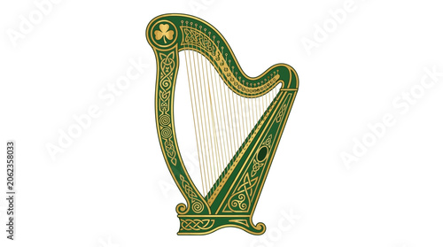 Tableau sur toile An ornate green and gold harp, a symbol of Ireland, decorated with shamrocks and Celtic knotwork