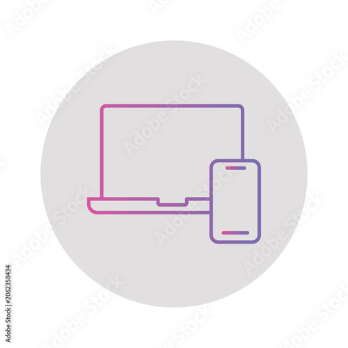 Stylized line art illustration of a laptop and smartphone connected together with a gradient outline