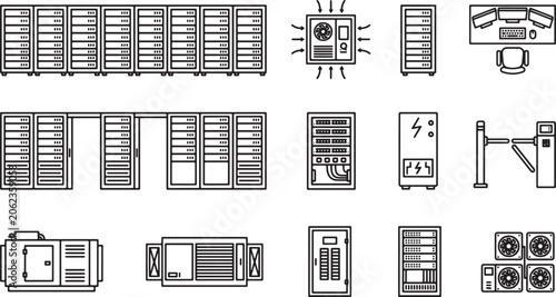 Data center server rack icons set with cooling systems and security infrastructure in flat line vector style