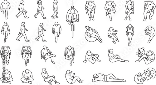 Isometric people set with walking sitting and resting figures in line art style for architectural design projects