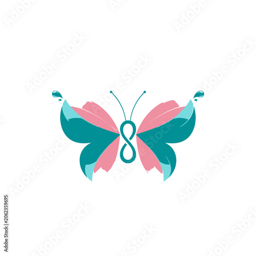 Symmetrical pastel-colored butterfly graphic with pink and teal wings and antennae