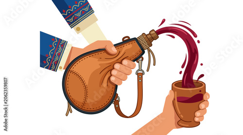 Konstfotografi Person pouring red wine from a leather wineskin into a small cup.