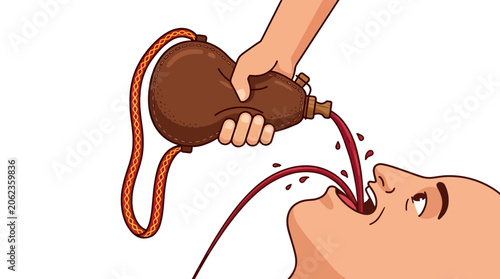 Quadro em tela Person drinking wine from a traditional leather wineskin bag with a long tube
