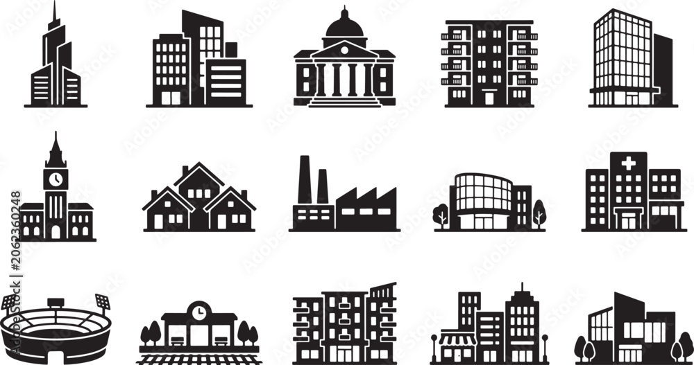 Fototapeta premium Set of black silhouette building icons representing various urban structures and public facilities for architectural design projects