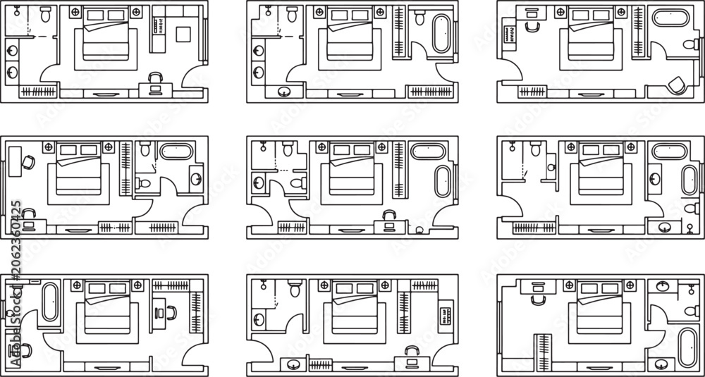 Naklejka premium Set of nine bedroom floor plan layouts with bathrooms and walk-in closets in black and white vector
