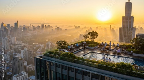 People relaxing at rooftop swimming pool overlooking city skyline at sunrise. Luxury hotel terrace with bar and lounge area. Urban metropolitan travel and vacation lifestyle concept.