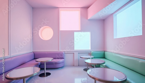 Minimalist coffee shop interior with violet and mint green leather couches. Modern cafe lounge with pastel neon lighting and round tables. Trendy restaurant space for leisure activity.