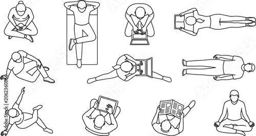 Top view people silhouettes set in various poses using digital devices and relaxing in vector line art