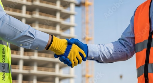 Two construction workers shaking hands at a building site, symbolizing agreement and partnership in the construction industry.