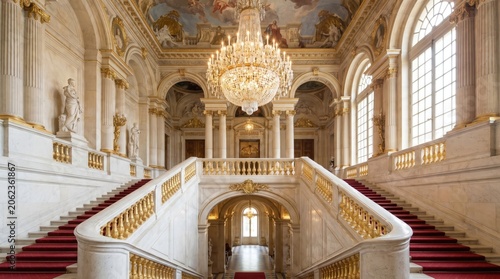 Grand marble staircase in a luxury palace with a crystal chandelier. Opulent foyer in a historic castle or royal mansion. Rich interior architecture and classic design style decoration.