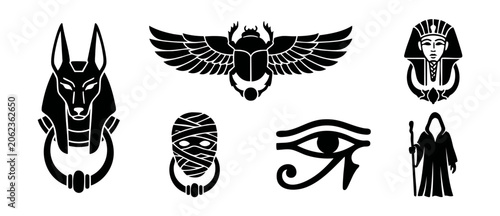 Quadro su tela Ancient Egyptian symbols vector set featuring black silhouettes of Anubis door knocker, winged scarab beetle, pharaoh head, mummy mask, eye of horus, hooded priest icons isolated on white backgrounds