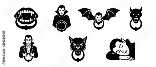 Obraz na plátně Vampire door knocker vector icons featuring gothic Halloween elements like fangs, bats, demons, and werewolves in black and white silhouette clipart style for ghastly home decor graphic design packs