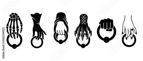 Fotografie Door knocker hand vector icons set featuring gothic skeleton claw, dragon talon, fist, and elegant female hands holding vintage metal door rings on white background for spooky and classic home design