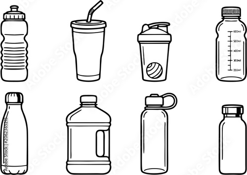 Set of 8 Water Bottle Outline Icons Including Sports Bottle, Tumbler Cup, Shaker, Measuring Bottle, Thermos and Gallon Jug – Drinkware Line Art Vector Icon Set