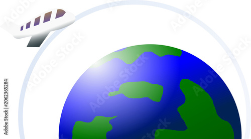 airplane flying around earth globe on a white background