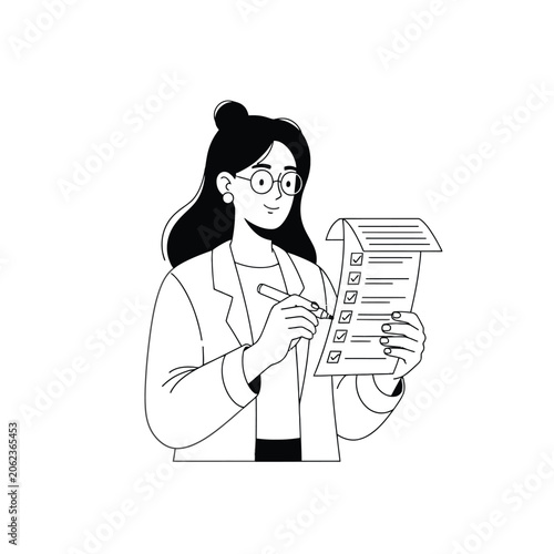 Woman In Formal Attire Holding A Document Checklist And Pen In Minimalist Black And White Line Art