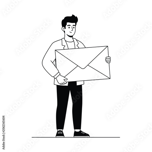 Black And White Vector Illustration Of A Person Holding A Large Envelope Communication Concept