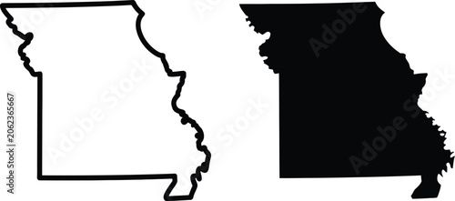 Missouri, state map icons, black outline and filled silhouettes for travel graphics, location services, and branding applications.
