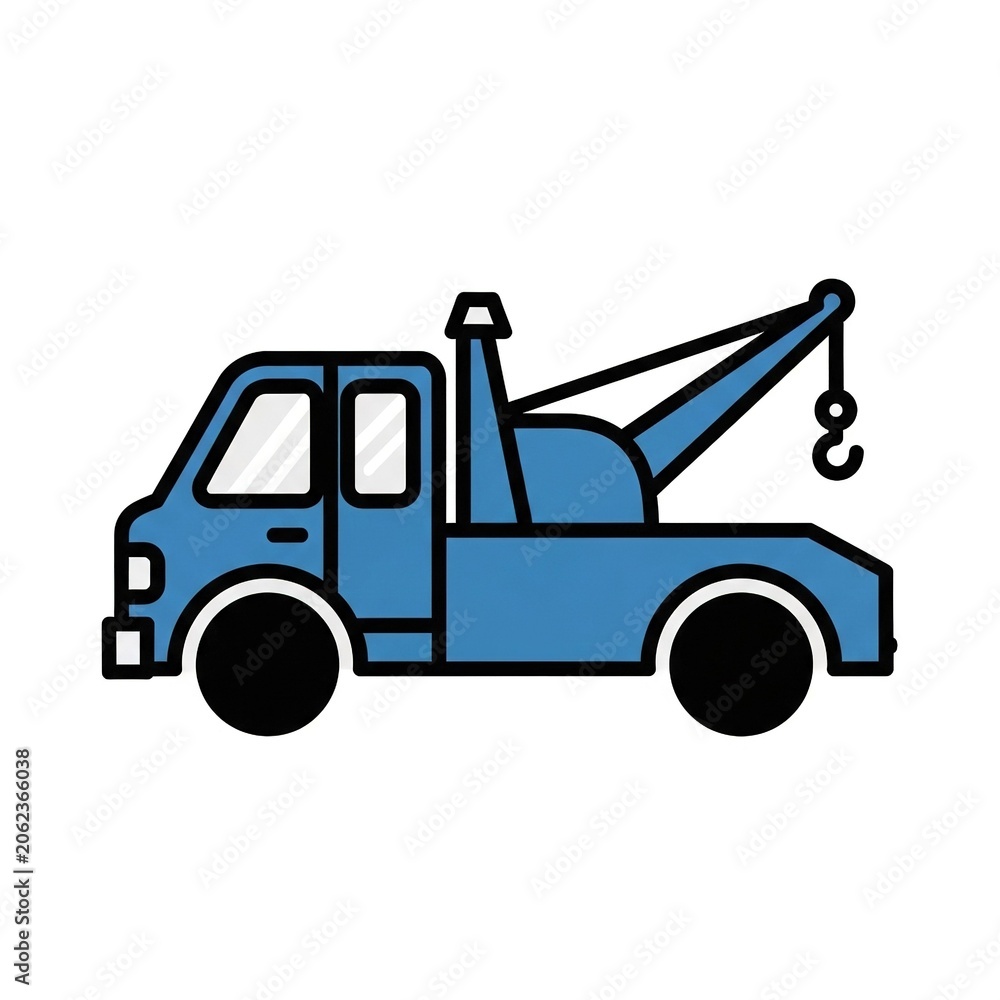 Naklejka premium Blue tow truck icon, flat vector illustration of a recovery vehicle with a crane and hook, isolated on white background