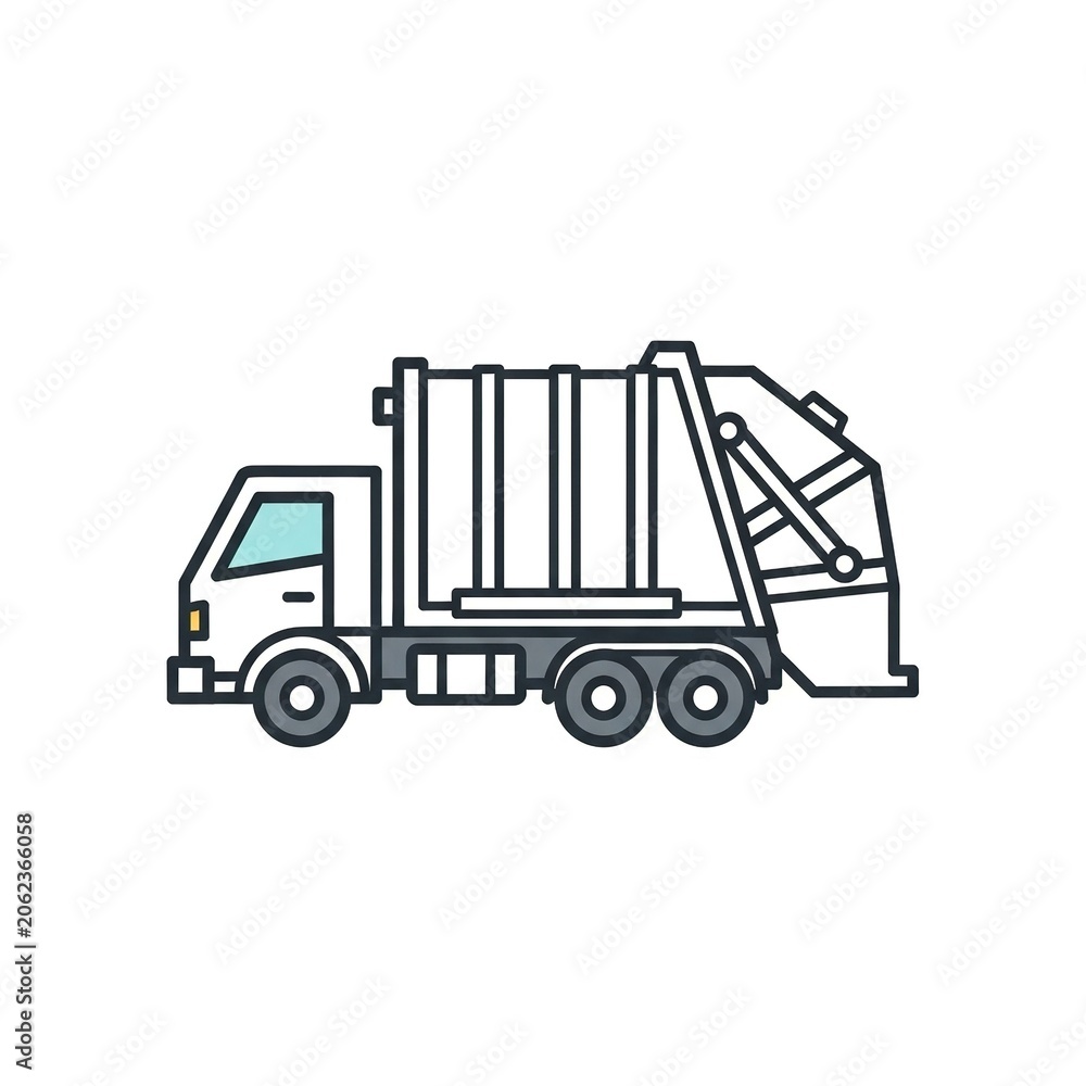 Fototapeta premium Garbage truck icon, vector illustration of a waste collection vehicle, side view of a refuse truck for city sanitation services, isolated on white background