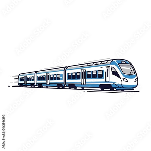 Modern highspeed passenger train moving fast, sleek blue and white commuter train illustration, vector graphic of a streamlined railway vehicle for transportation design
