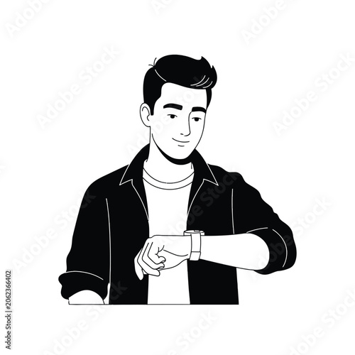 Minimalist Black And White Vector Illustration Of A Person Checking Time On Their Wristwatch Isolated