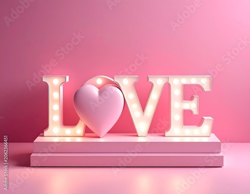 Illuminated Love Sign with Glowing Hearts Romance on Soft Vibrant Pink Background for Valentine Theme, Romantic Celebration and Love Concept