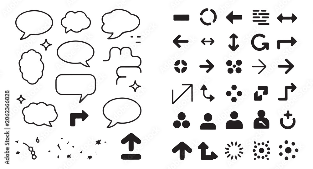 Fototapeta premium Minimalist ui icons set with speech bubbles and solid black arrows for website application.