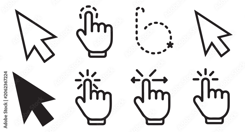 Fototapeta premium Collection diverse mouse cursor pointer hand and selection icons simple outline graphics.