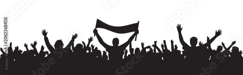 Photos Black and white silhouette of crowd raising hands with trophy