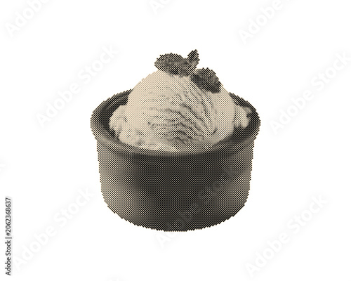 Vintage retro halftone vanilla ice cream scoop in terracotta bowl with mint garnish isolated on white background