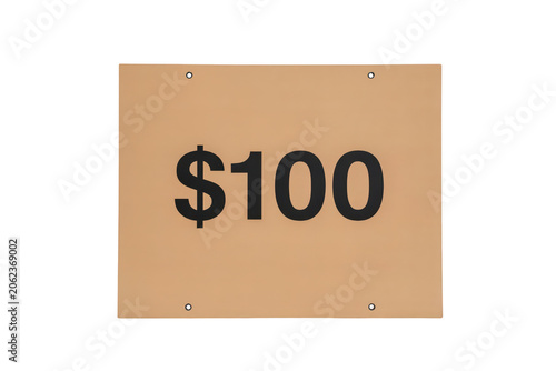 Square tan sign featuring the text 100 printed in black with four mounting holes at the corners isolated on a transparent background