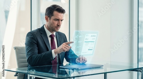 Businessman in suit touching holographic invoice screen on glass desk for paperless accounting and digital financial management