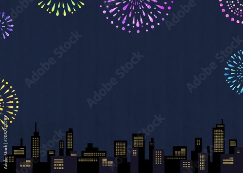 都会の街並みの夜景と打上花火のフレームイラスト