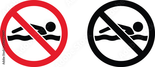 No swimming, sign icons, red and black prohibition symbols indicating restricted swimming areas, water safety, and regulations.
