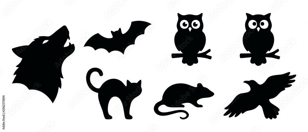 Obraz premium Halloween animal black silhouette set featuring howling wolf flying bat owls cat rodent crow isolated on white background for spooky vector illustration design and creative holiday decoration projects