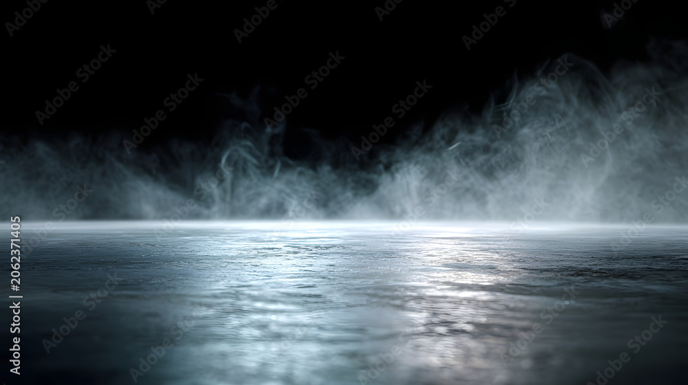 Fototapeta premium Abstract dark stage background with low smoke and wet reflective floor surface.