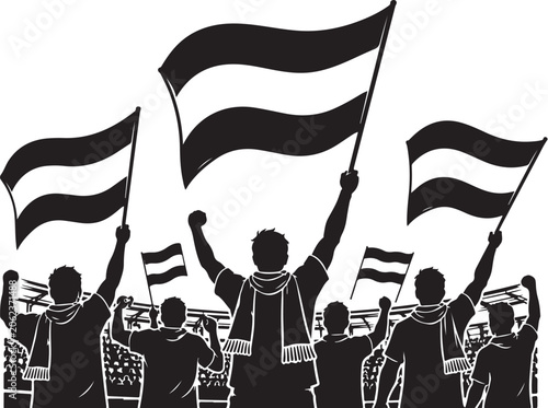 Football supporters in stadium waving flags silhouette bundle, minimalist black and white vector, cheering sports crowd illustration
