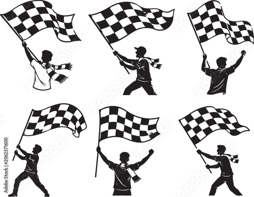 Football Supporter Waving Checkered Flag Silhouette Bundle Minimalist Sports Fan Vector Illustration