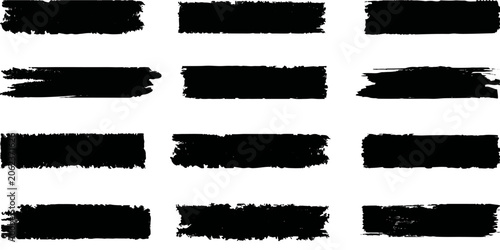 A collection of twelve grunge brush stroke banners in varying textures and sizes, rendered in black on a white background, perfect for adding a distressed or artistic touch to designs.