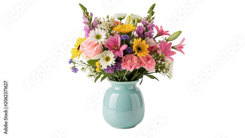 Obraz na plátně Beautiful bouquet of colorful mixed flowers in a blue vase isolated on transpare
