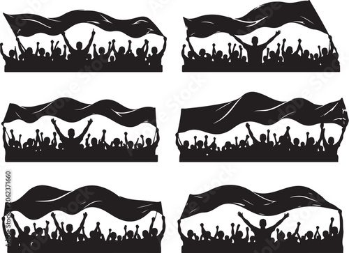 Football Supporters Celebrating Under Giant Flag Silhouette Bundle Minimalist Crowd Vector Illustration